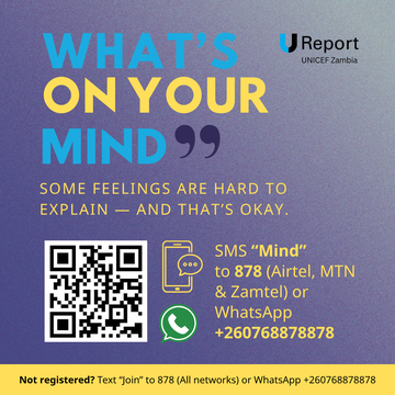 Graphic with the text “What’s on your mind? Some feelings are hard to explain — and that’s okay.” Includes instructions: SMS “Mind” to 878 (Airtel, MTN & Zamtel) or WhatsApp +260768878878. A QR code is displayed. Footer message: “Not registered? Text ‘Join’ to 878 or WhatsApp +260768878878.” Branded U-Report UNICEF Zambia.