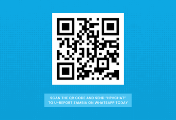 A QR code centered on a bright blue background. Below the QR code, white text in a blue box reads: “Scan the QR code and send ‘HPVCHAT’ to U-Report Zambia on WhatsApp today.”